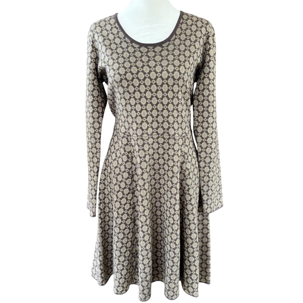 Boden Fit Flare Knit Jacquard Dress Gray Tan Metallic Gold Long Sleeve Womens 6R